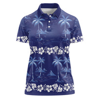 Blue Hawaii Palm Tree Hibiscus Women Polo Shirt Fantasy Summer Vibe