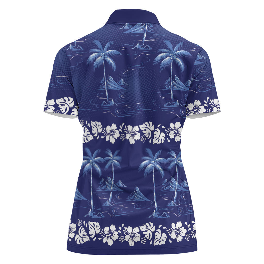 Blue Hawaii Palm Tree Hibiscus Women Polo Shirt Fantasy Summer Vibe
