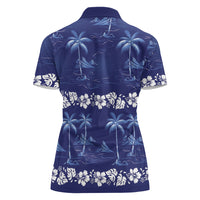 Blue Hawaii Palm Tree Hibiscus Women Polo Shirt Fantasy Summer Vibe