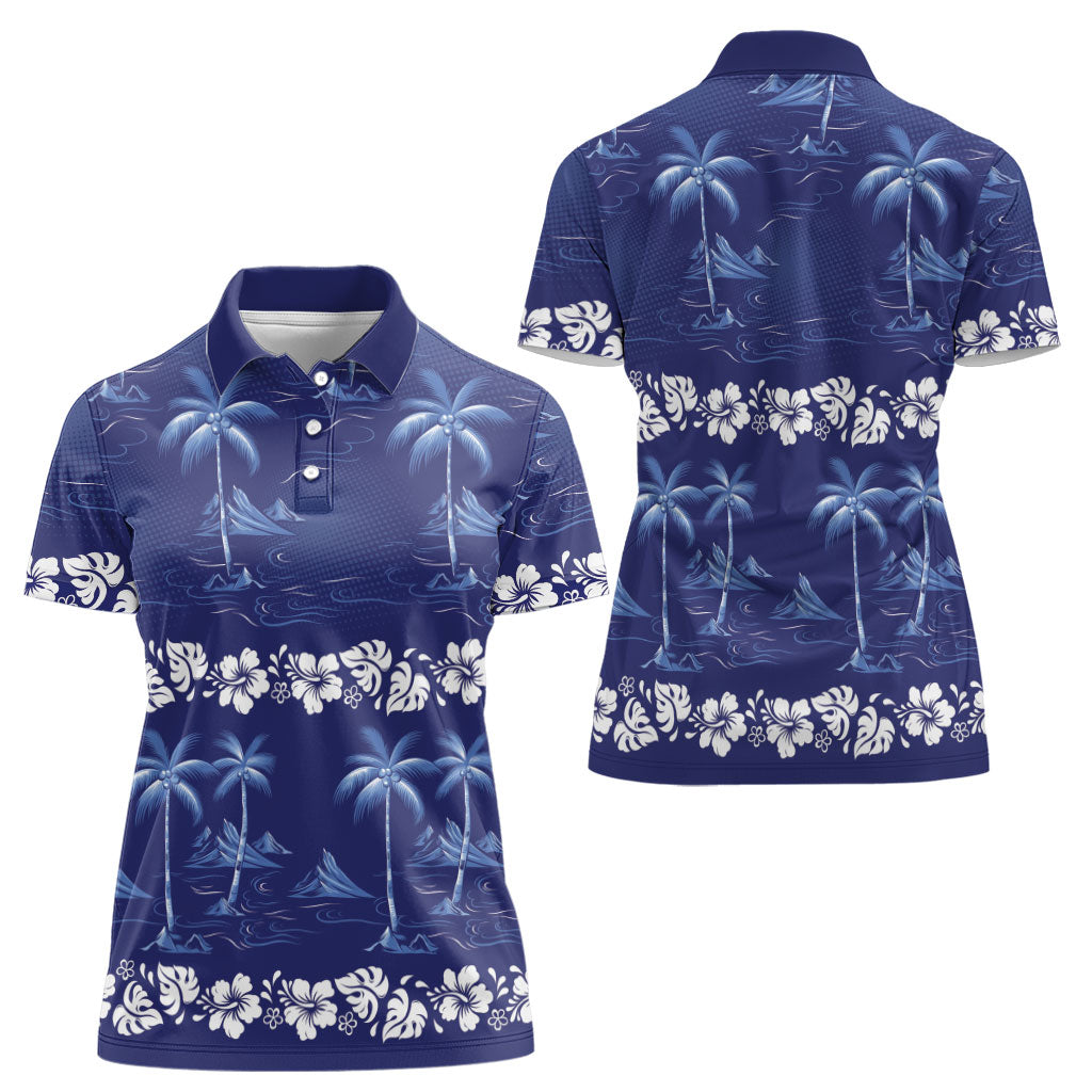 Blue Hawaii Palm Tree Hibiscus Women Polo Shirt Fantasy Summer Vibe