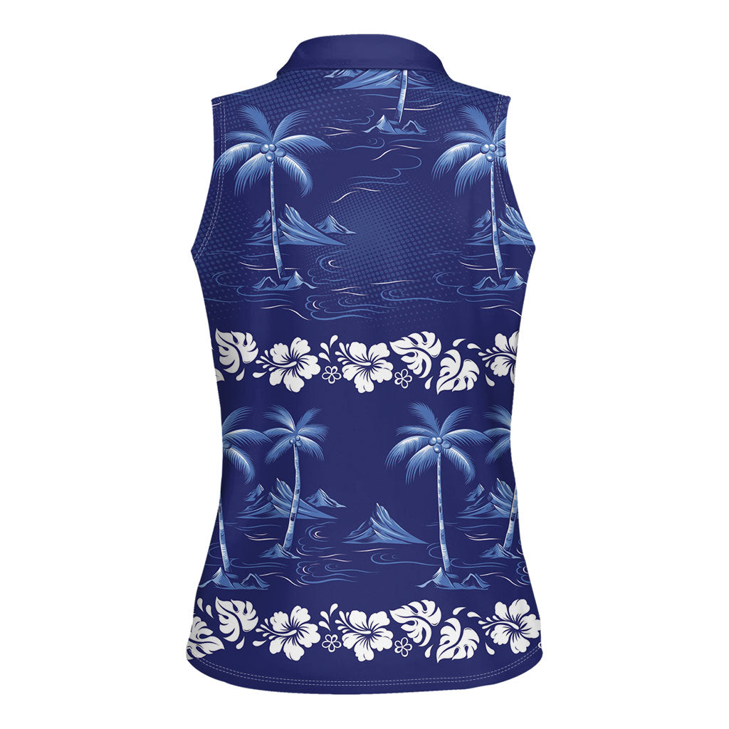 Blue Hawaii Palm Tree Hibiscus Women Sleeveless Polo Shirt Fantasy Summer Vibe