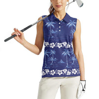 Blue Hawaii Palm Tree Hibiscus Women Sleeveless Polo Shirt Fantasy Summer Vibe