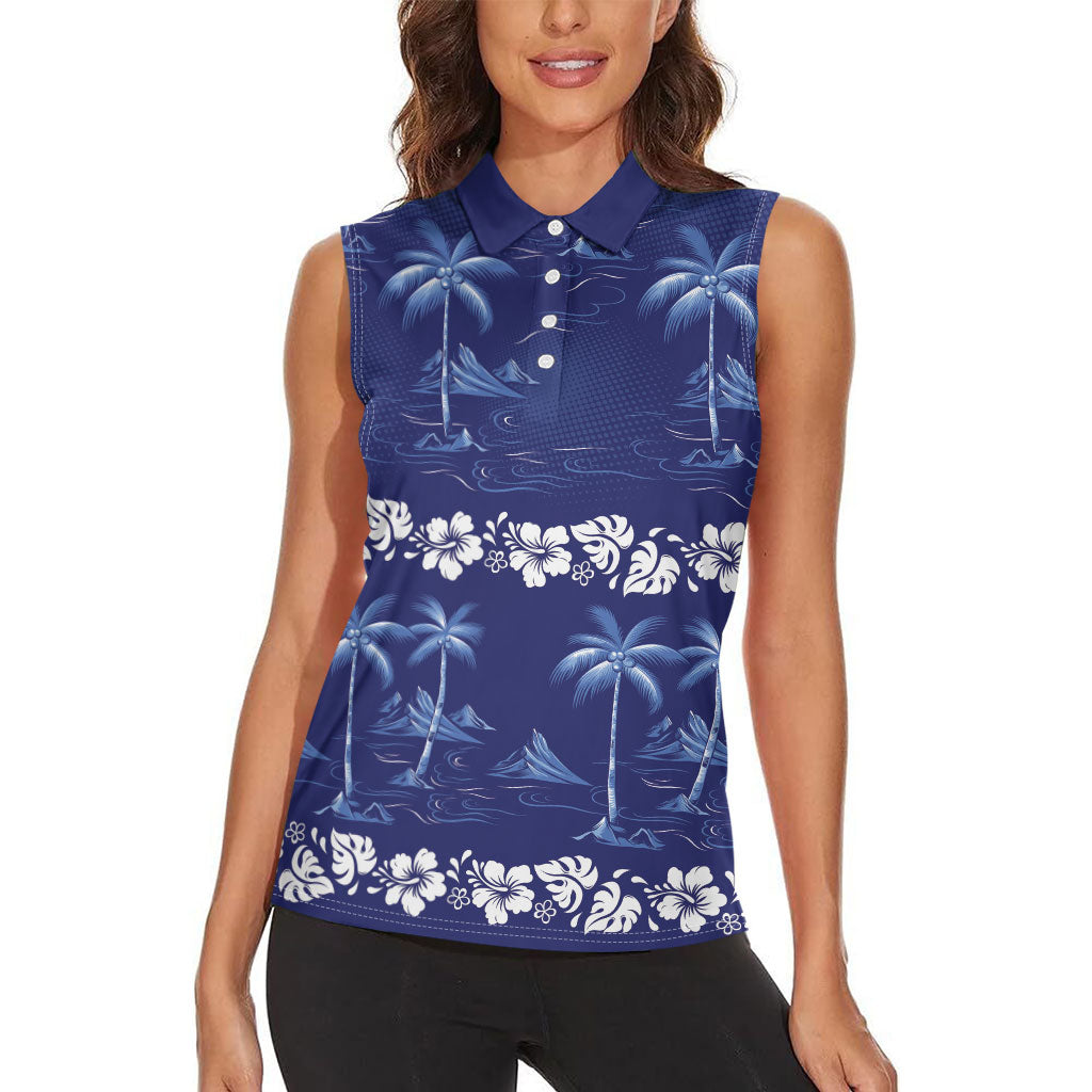 Blue Hawaii Palm Tree Hibiscus Women Sleeveless Polo Shirt Fantasy Summer Vibe