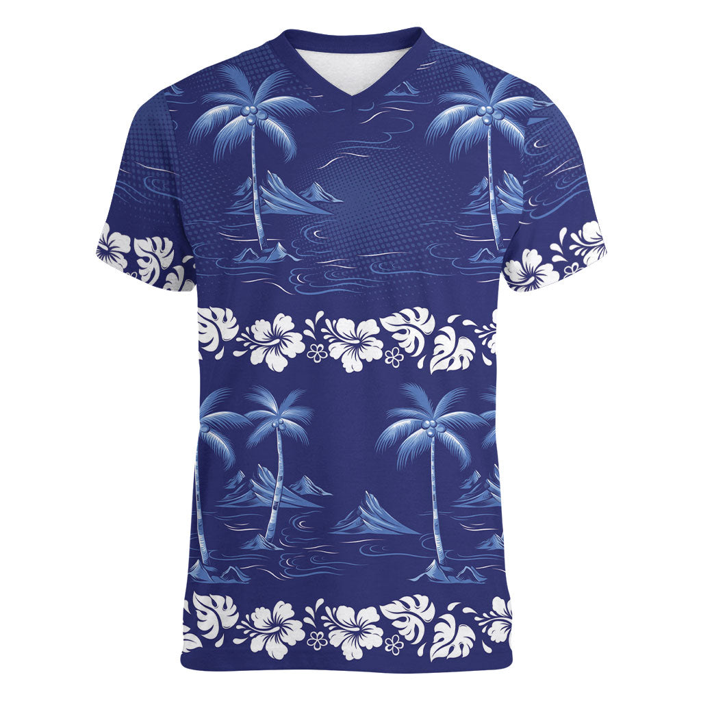 Blue Hawaii Palm Tree Hibiscus Women V-Neck T-Shirt Fantasy Summer Vibe