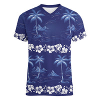 Blue Hawaii Palm Tree Hibiscus Women V-Neck T-Shirt Fantasy Summer Vibe