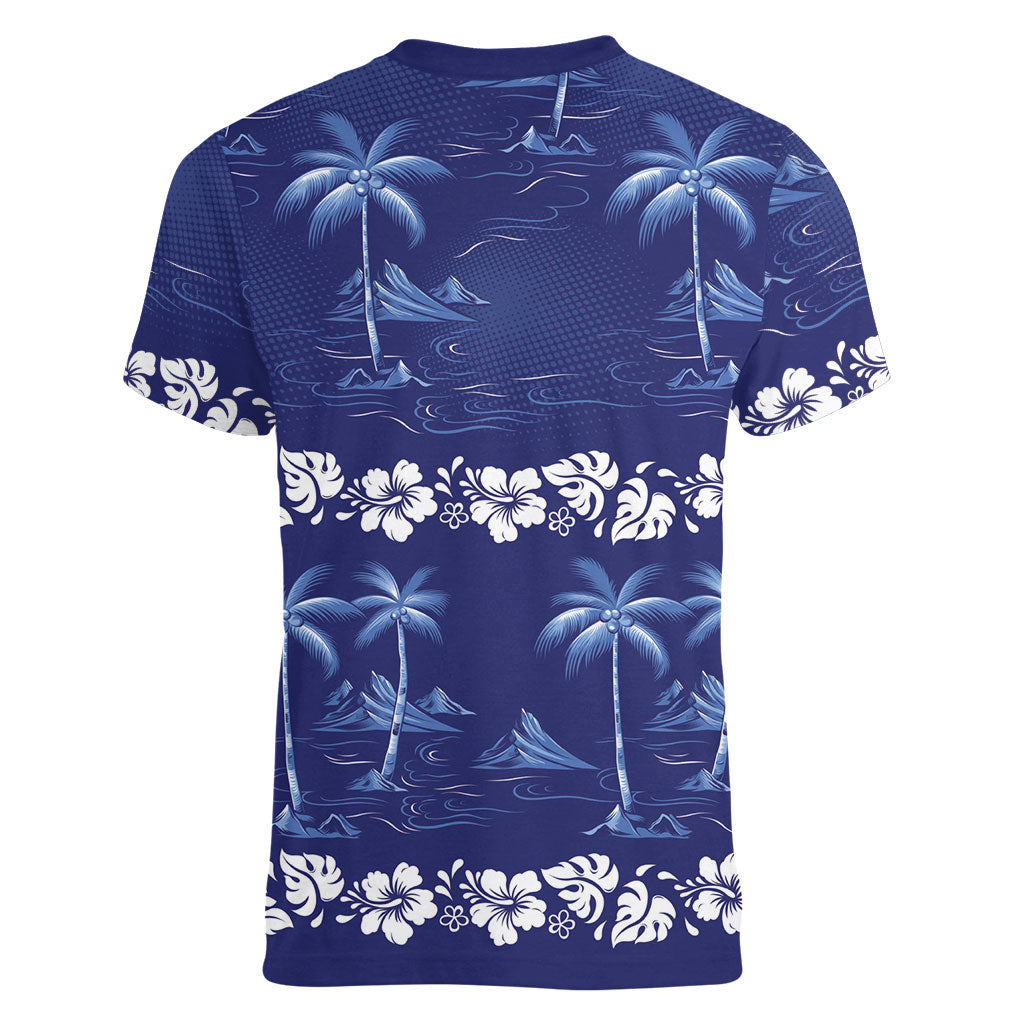 Blue Hawaii Palm Tree Hibiscus Women V-Neck T-Shirt Fantasy Summer Vibe