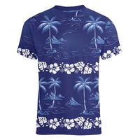 Blue Hawaii Palm Tree Hibiscus Women V-Neck T-Shirt Fantasy Summer Vibe