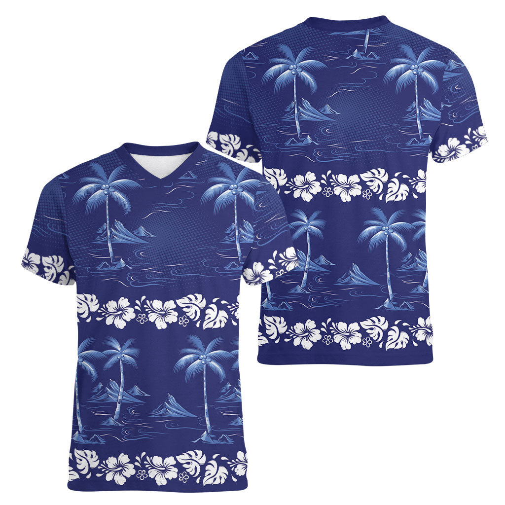 Blue Hawaii Palm Tree Hibiscus Women V-Neck T-Shirt Fantasy Summer Vibe