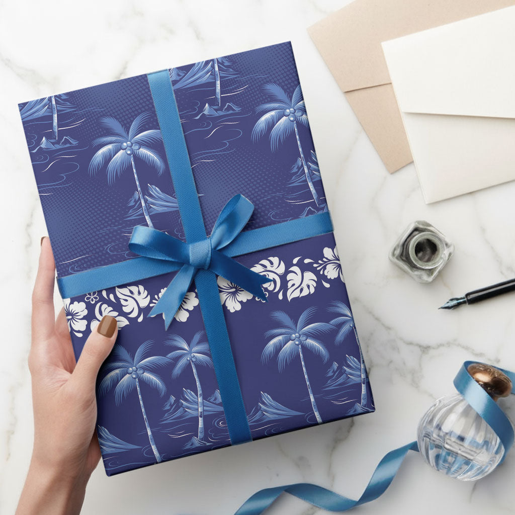 Blue Hawaii Palm Tree Hibiscus Wrapping Paper Fantasy Summer Vibe