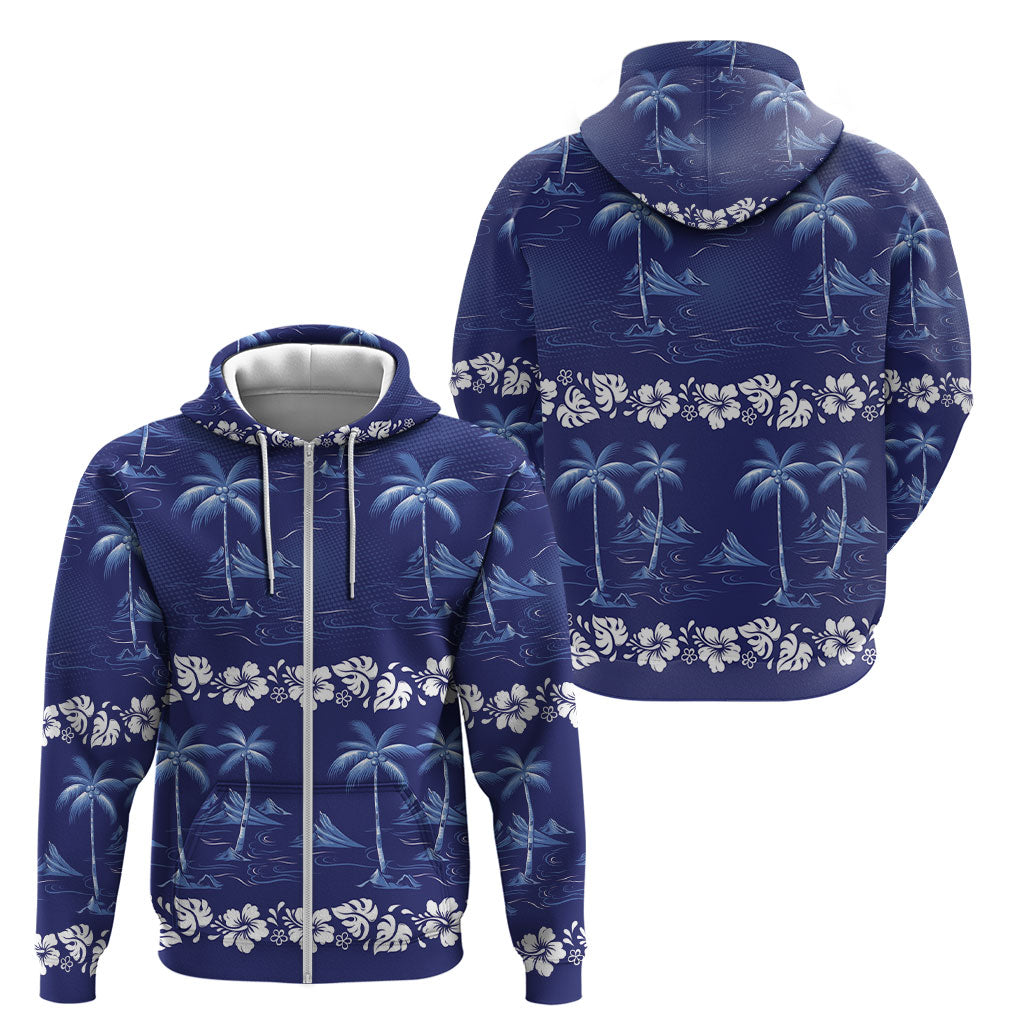 Blue Hawaii Palm Tree Hibiscus Zip Hoodie Fantasy Summer Vibe