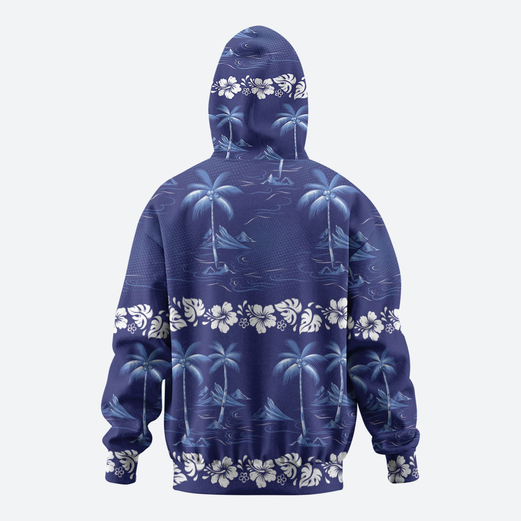 Blue Hawaii Palm Tree Hibiscus Zip Hoodie Fantasy Summer Vibe
