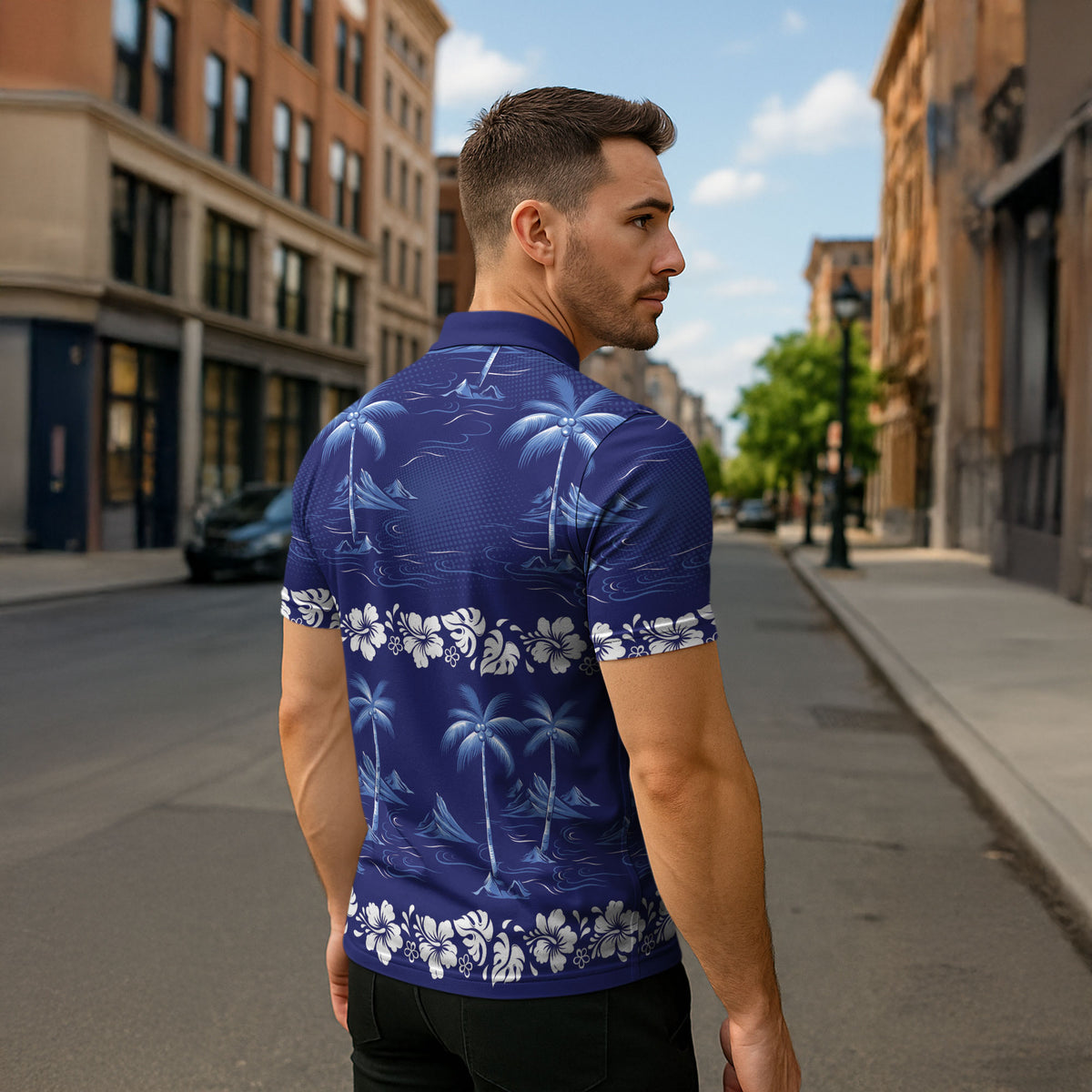 Blue Hawaii Palm Tree Hibiscus Zipper Polo Shirt Fantasy Summer Vibe