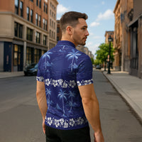 Blue Hawaii Palm Tree Hibiscus Zipper Polo Shirt Fantasy Summer Vibe