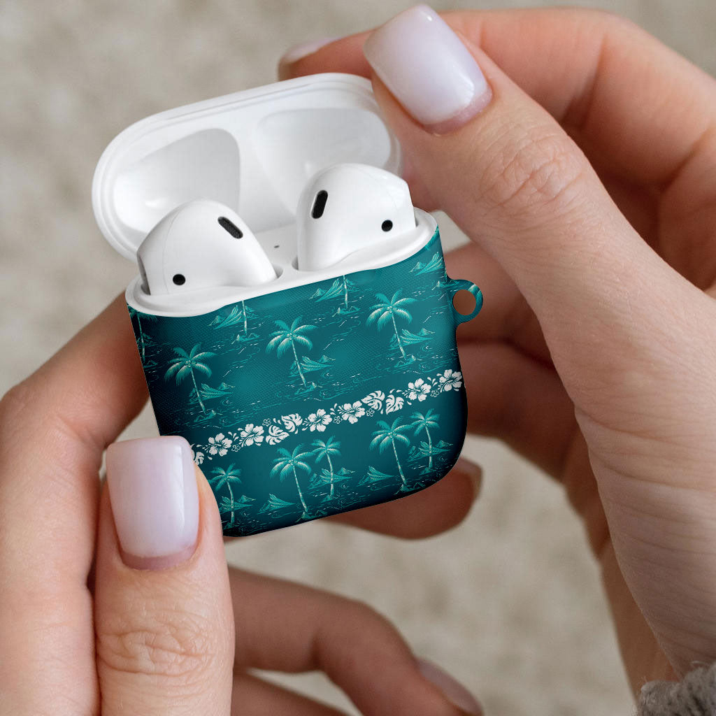 Cyan Hawaii Palm Tree Hibiscus AirPods Case Fantasy Summer Vibe