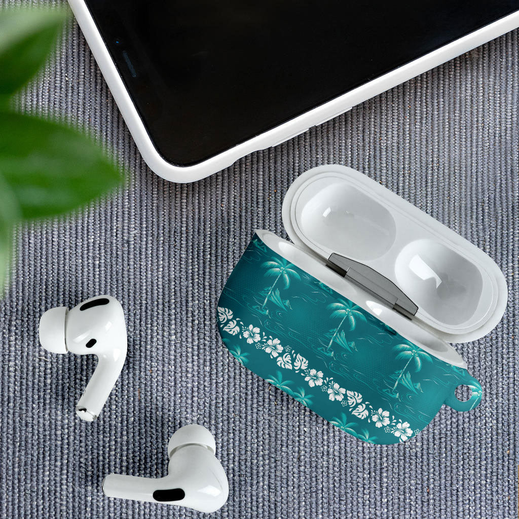 Cyan Hawaii Palm Tree Hibiscus AirPods Case Fantasy Summer Vibe