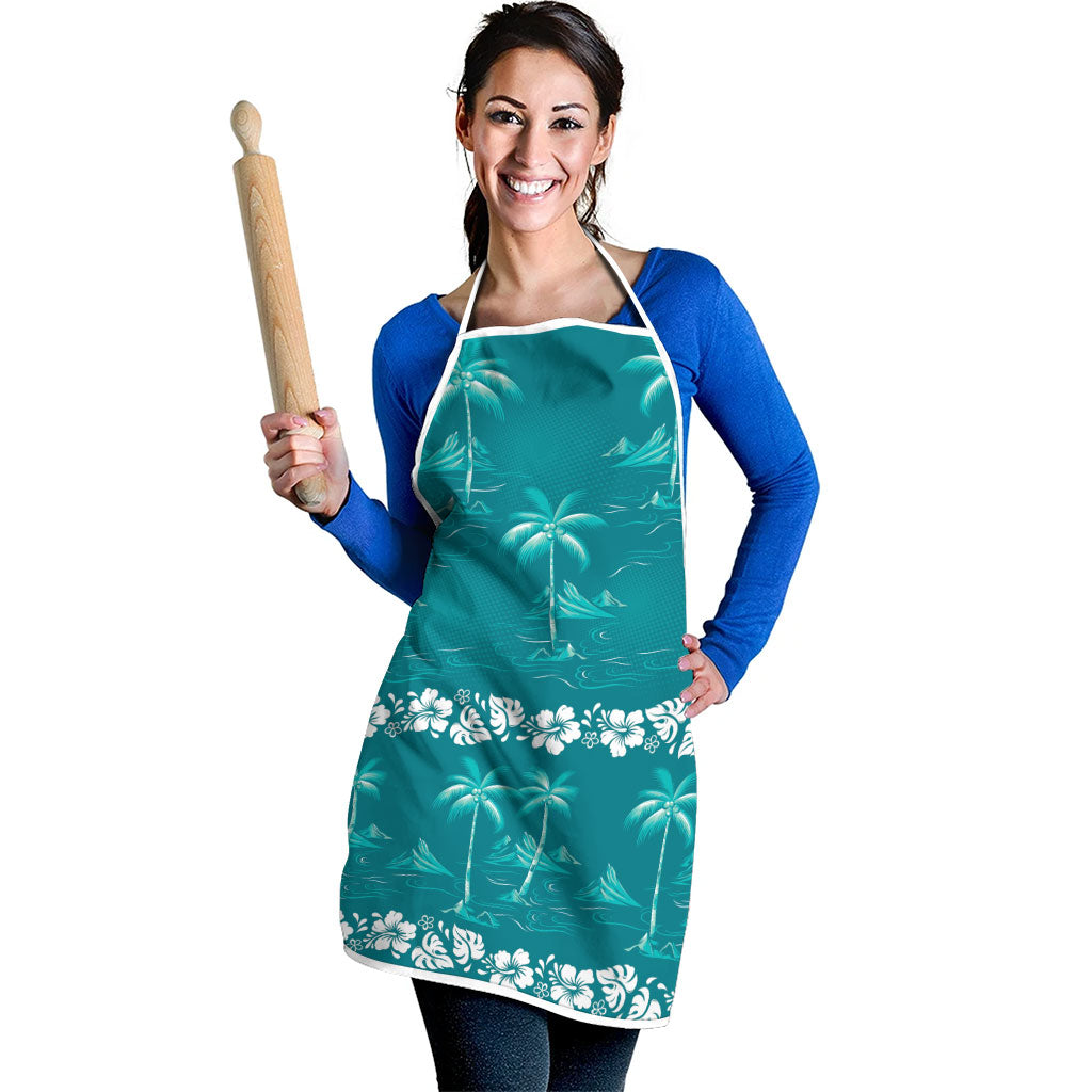 Cyan Hawaii Palm Tree Hibiscus Apron Fantasy Summer Vibe