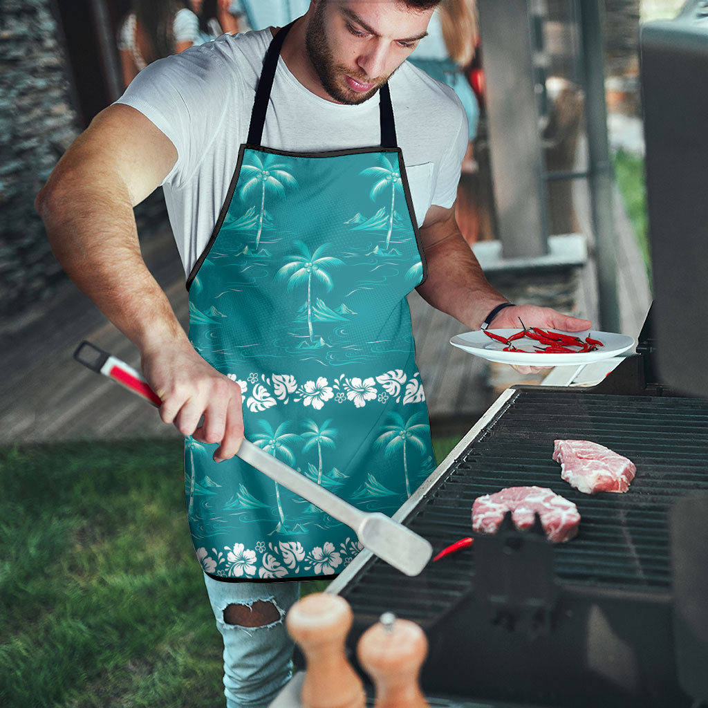 Cyan Hawaii Palm Tree Hibiscus Apron Fantasy Summer Vibe