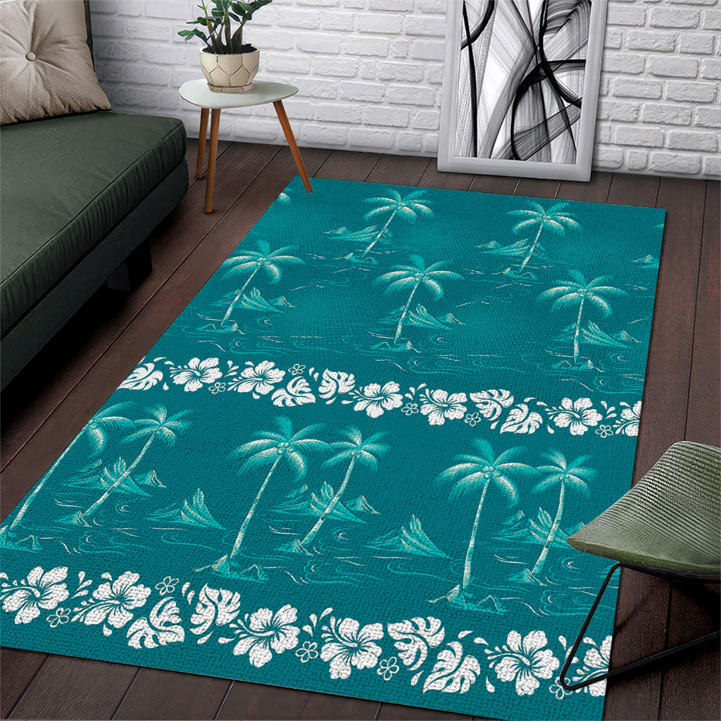 Cyan Hawaii Palm Tree Hibiscus Area Rug Fantasy Summer Vibe