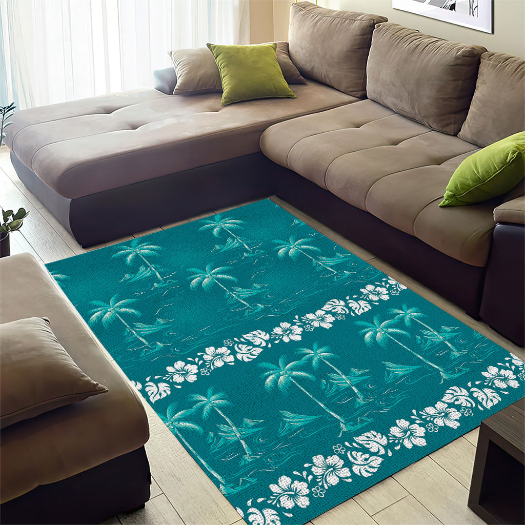 Cyan Hawaii Palm Tree Hibiscus Area Rug Fantasy Summer Vibe