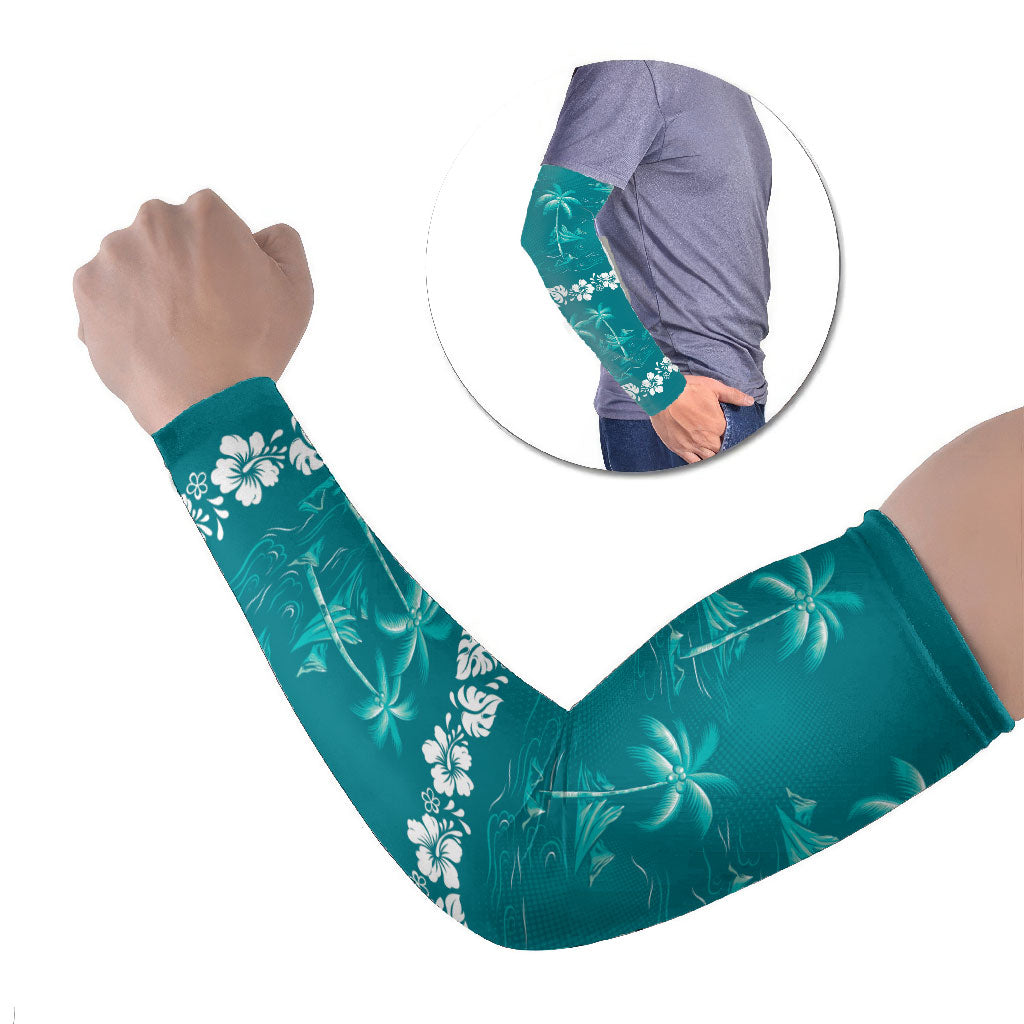 Cyan Hawaii Palm Tree Hibiscus Arm Sleeves Fantasy Summer Vibe