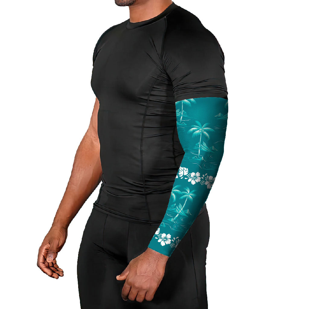 Cyan Hawaii Palm Tree Hibiscus Arm Sleeves Fantasy Summer Vibe