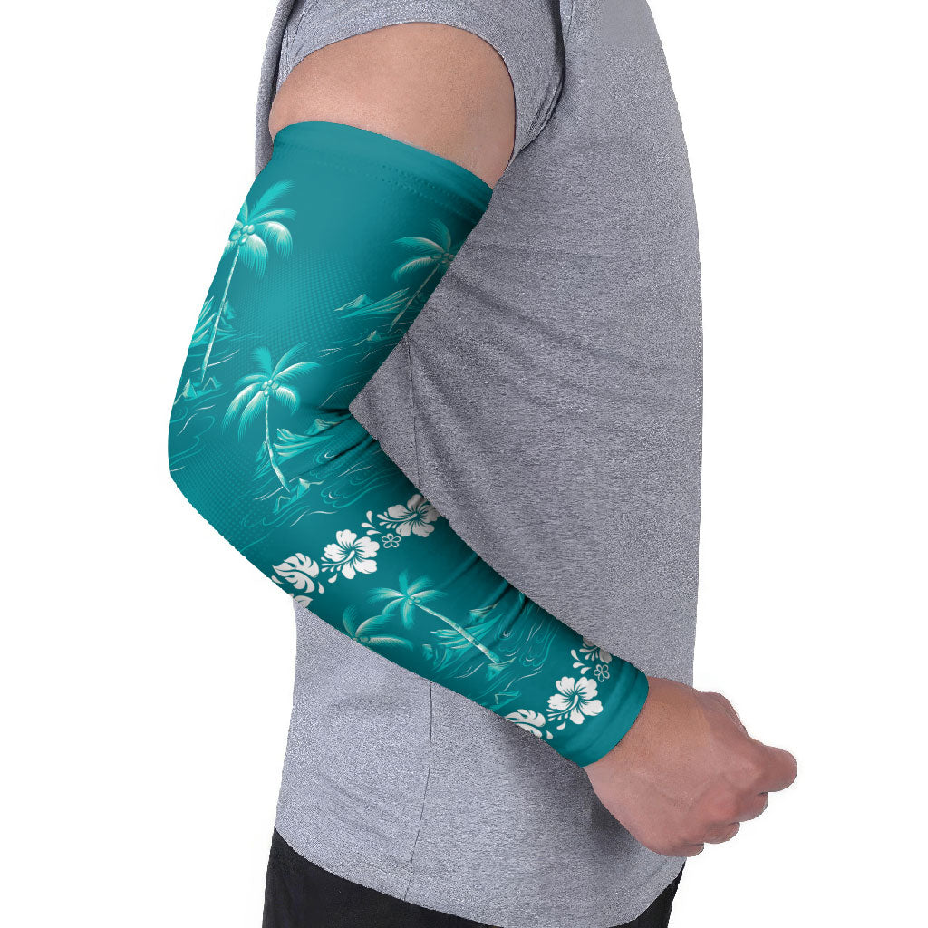 Cyan Hawaii Palm Tree Hibiscus Arm Sleeves Fantasy Summer Vibe