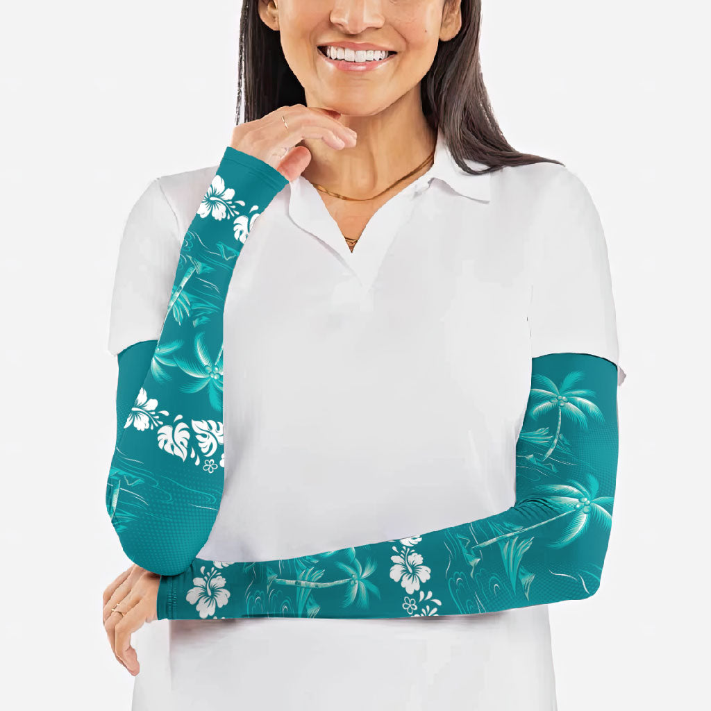 Cyan Hawaii Palm Tree Hibiscus Arm Sleeves Fantasy Summer Vibe