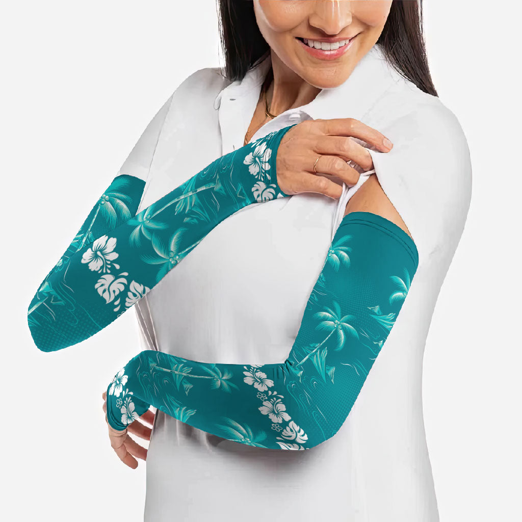Cyan Hawaii Palm Tree Hibiscus Arm Sleeves Fantasy Summer Vibe