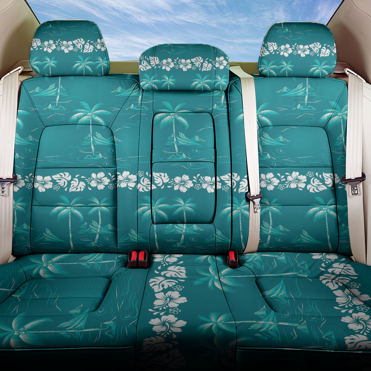 Cyan Hawaii Palm Tree Hibiscus Back Car Seat Cover Fantasy Summer Vibe