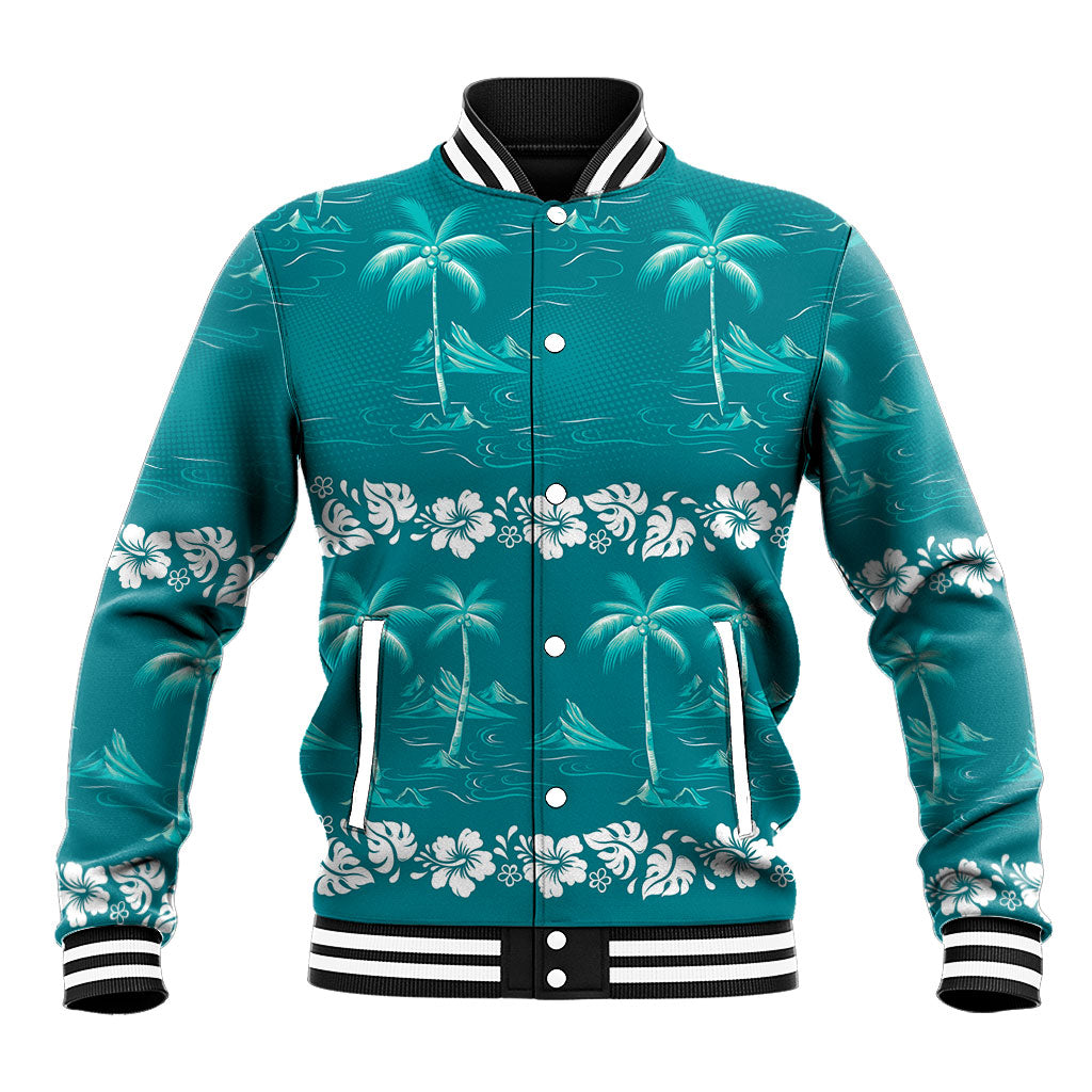 Cyan Hawaii Palm Tree Hibiscus Baseball Jacket Fantasy Summer Vibe