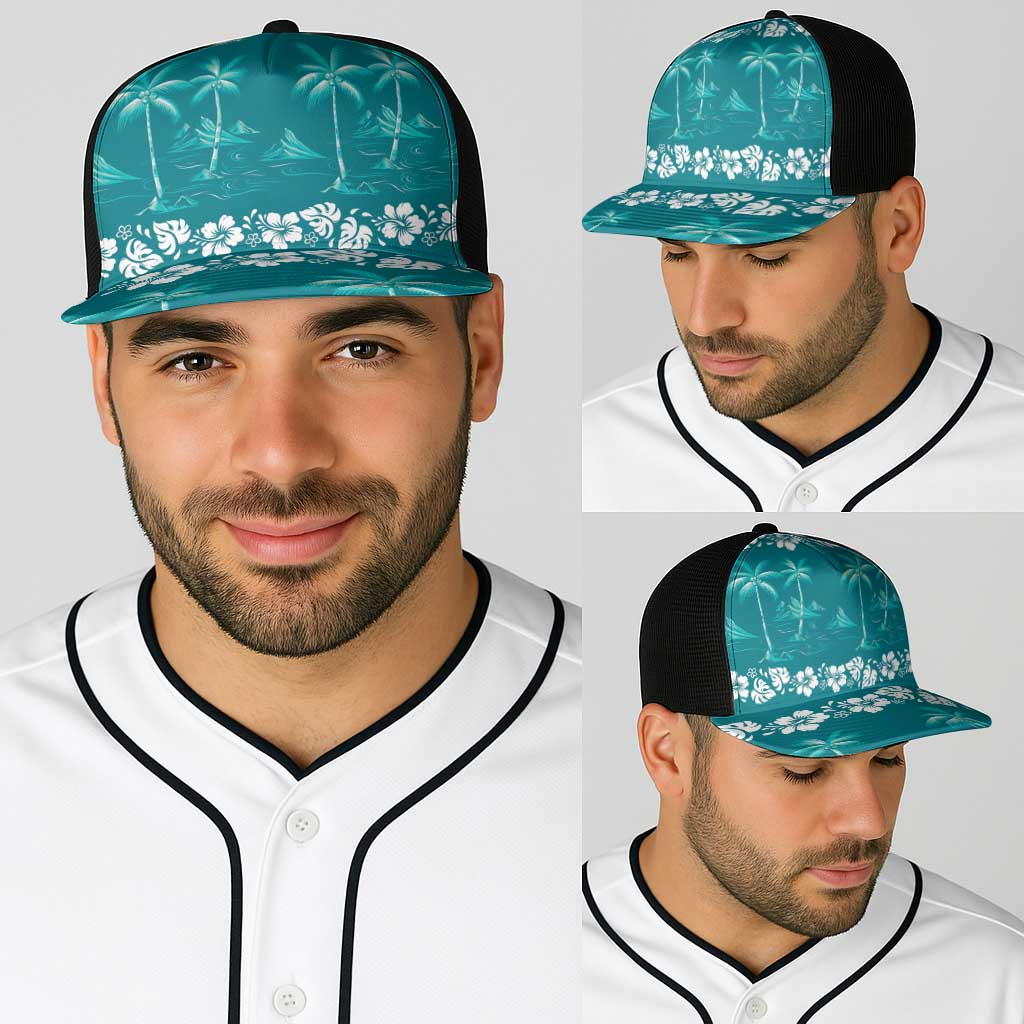Cyan Hawaii Palm Tree Hibiscus Baseball Net Cap Fantasy Summer Vibe