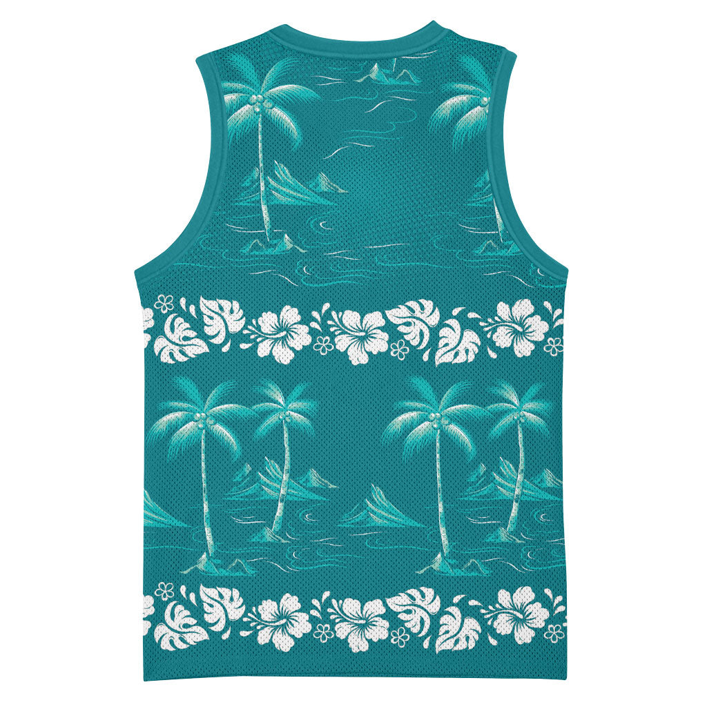 Cyan Hawaii Palm Tree Hibiscus Basketball Jersey Fantasy Summer Vibe