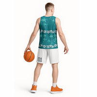 Cyan Hawaii Palm Tree Hibiscus Basketball Jersey Fantasy Summer Vibe