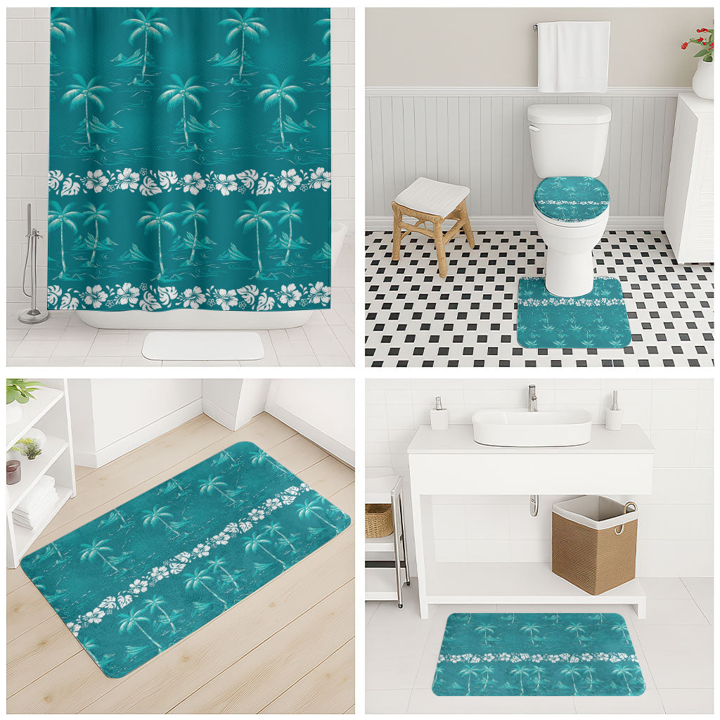 Cyan Hawaii Palm Tree Hibiscus Bathroom Set Fantasy Summer Vibe