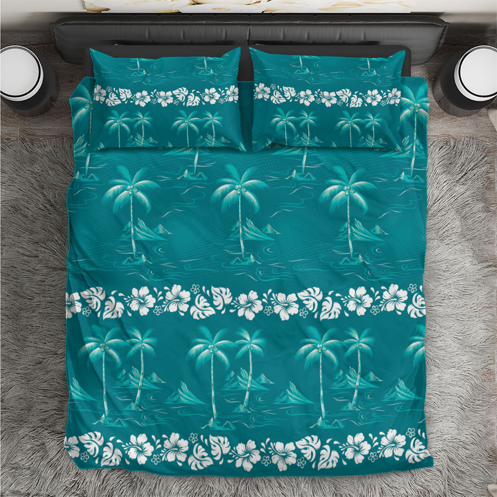 Cyan Hawaii Palm Tree Hibiscus Bedding Set Fantasy Summer Vibe
