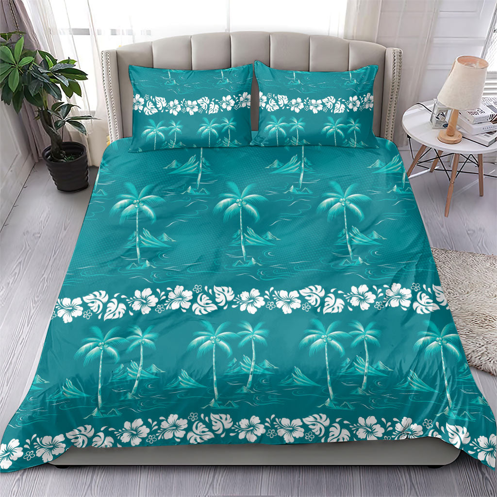 Cyan Hawaii Palm Tree Hibiscus Bedding Set Fantasy Summer Vibe
