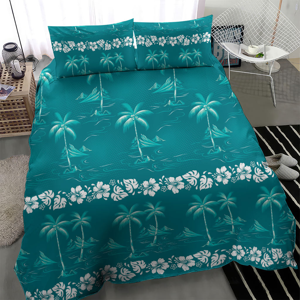 Cyan Hawaii Palm Tree Hibiscus Bedding Set Fantasy Summer Vibe