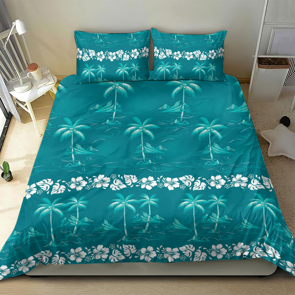 Cyan Hawaii Palm Tree Hibiscus Bedding Set Fantasy Summer Vibe