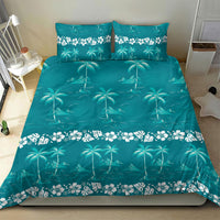 Cyan Hawaii Palm Tree Hibiscus Bedding Set Fantasy Summer Vibe