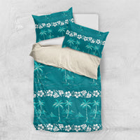 Cyan Hawaii Palm Tree Hibiscus Bedding Set Fantasy Summer Vibe