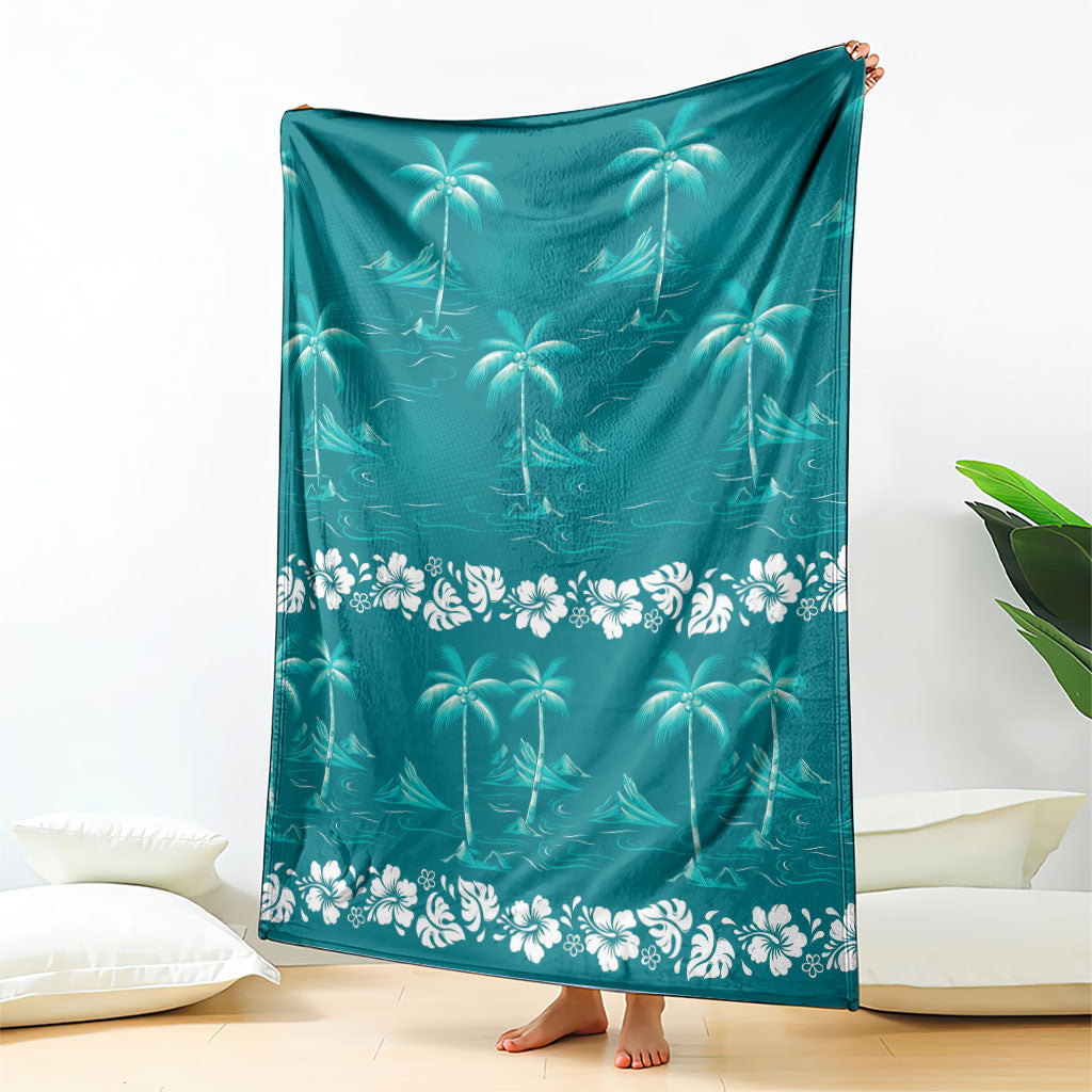 Cyan Hawaii Palm Tree Hibiscus Blanket Fantasy Summer Vibe