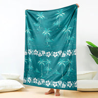 Cyan Hawaii Palm Tree Hibiscus Blanket Fantasy Summer Vibe