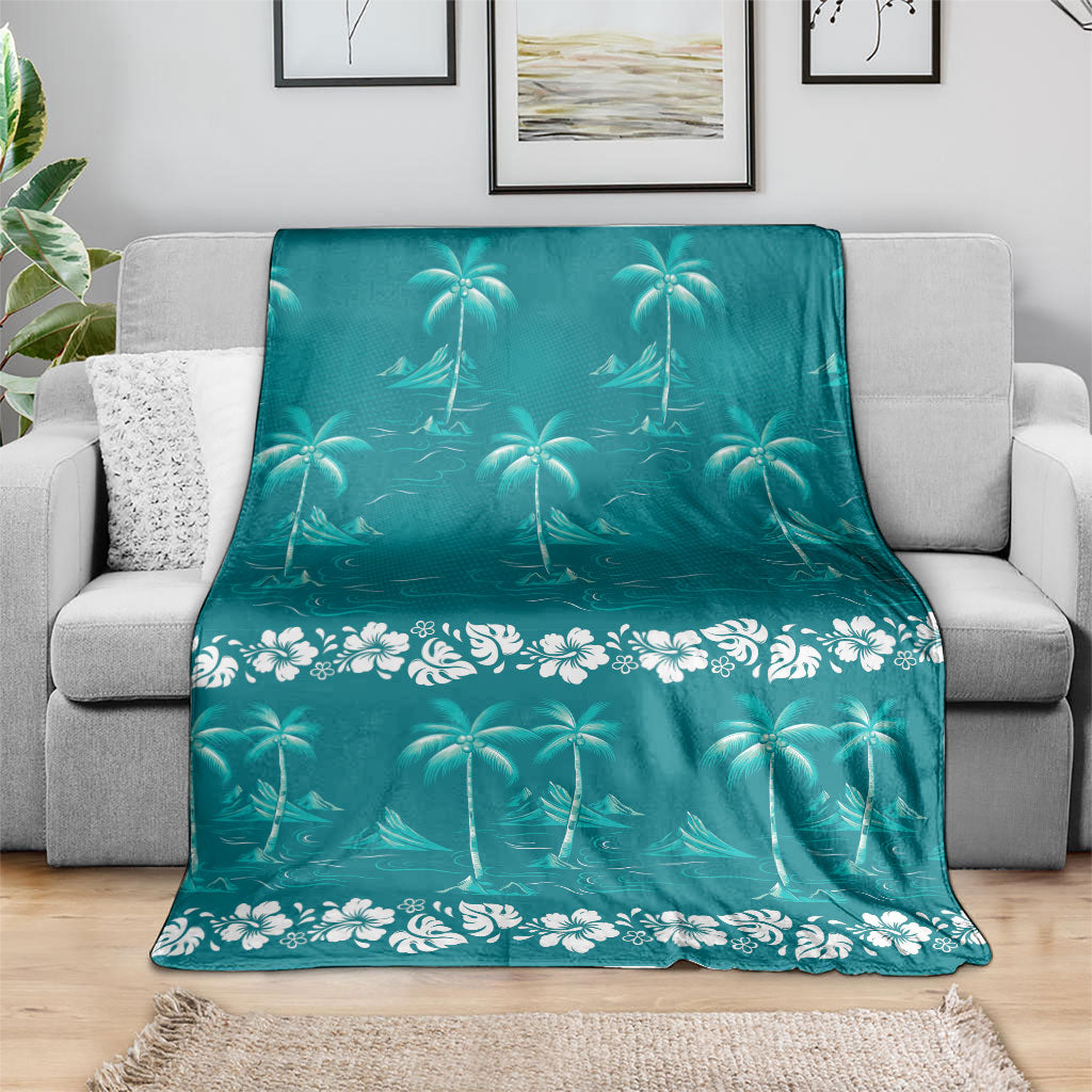 Cyan Hawaii Palm Tree Hibiscus Blanket Fantasy Summer Vibe