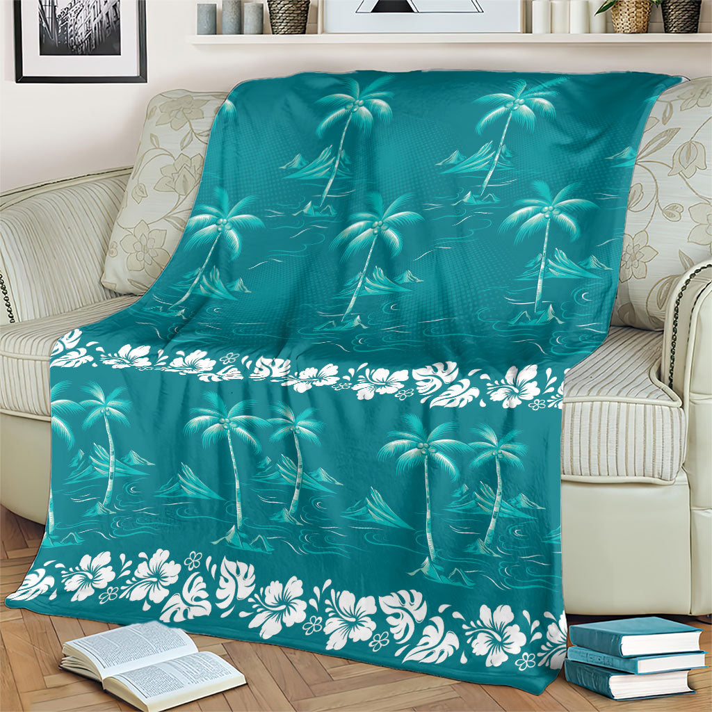 Cyan Hawaii Palm Tree Hibiscus Blanket Fantasy Summer Vibe