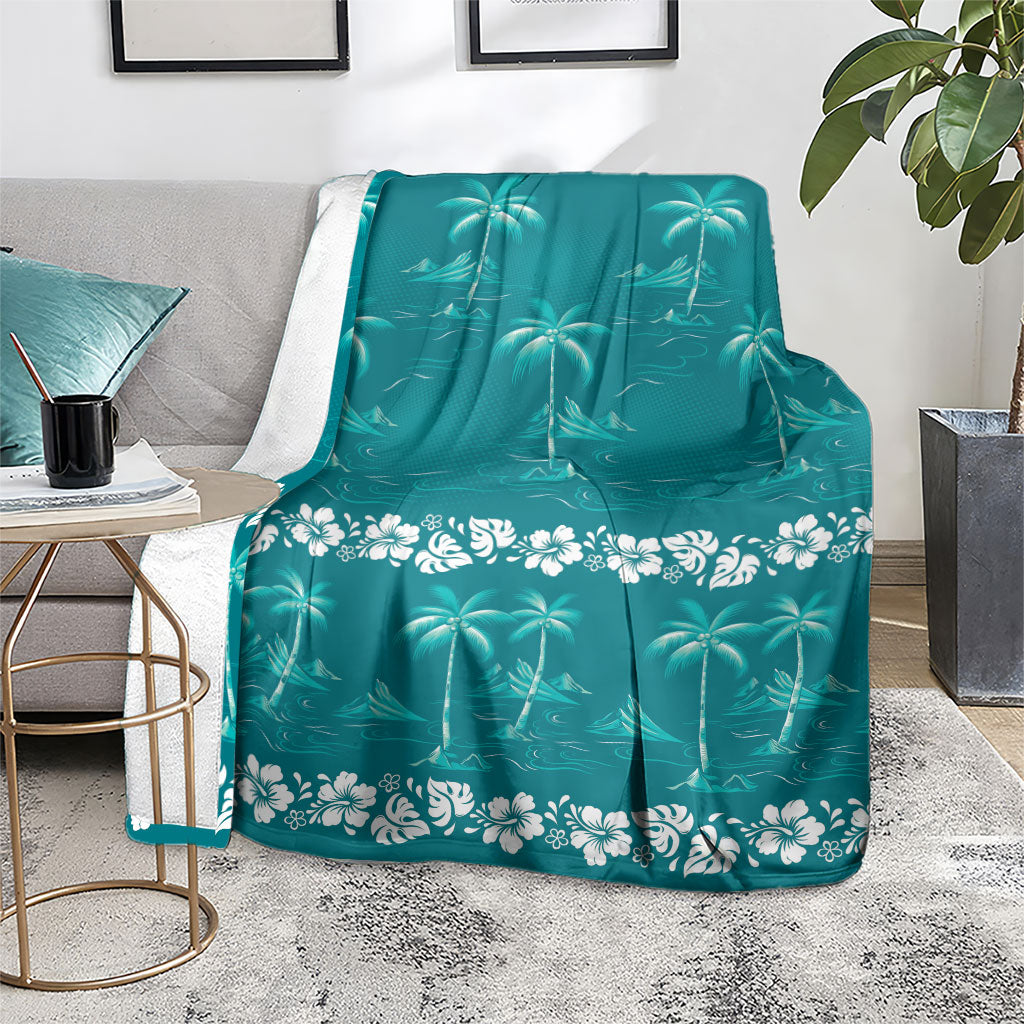 Cyan Hawaii Palm Tree Hibiscus Blanket Fantasy Summer Vibe
