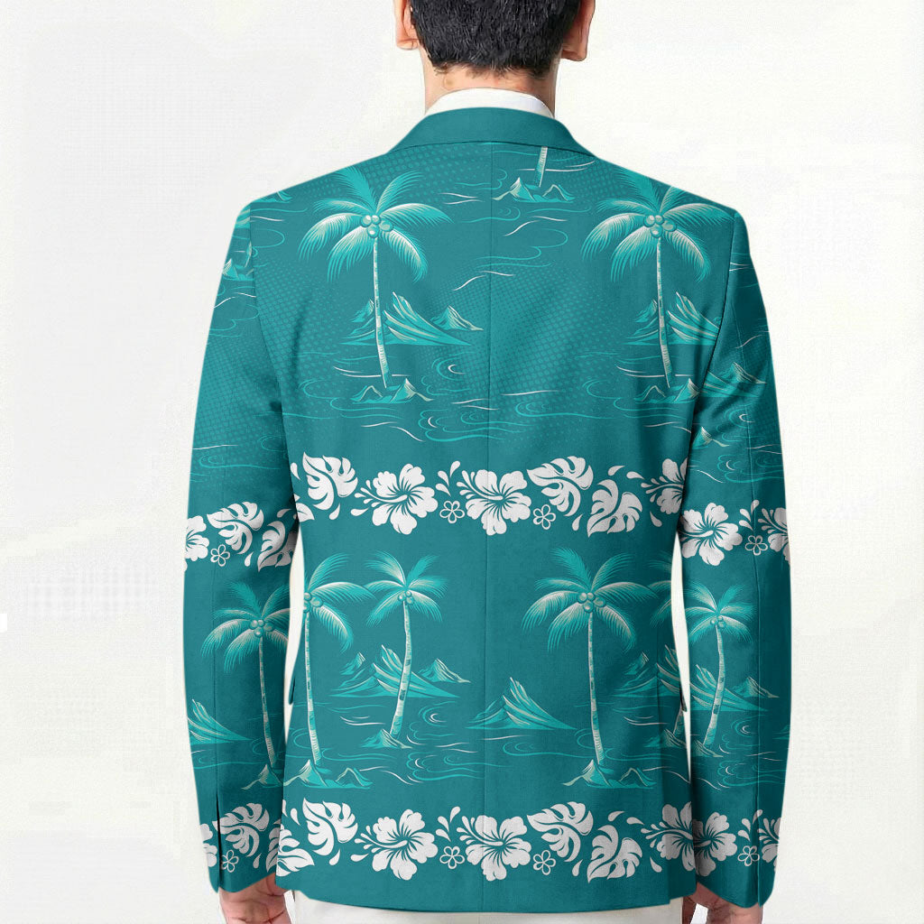 Cyan Hawaii Palm Tree Hibiscus Blazer Fantasy Summer Vibe