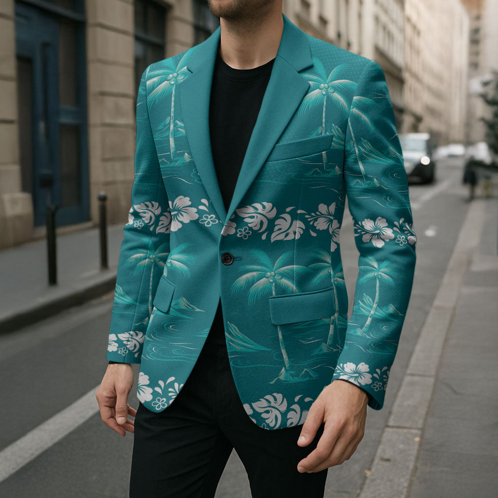 Cyan Hawaii Palm Tree Hibiscus Blazer Fantasy Summer Vibe
