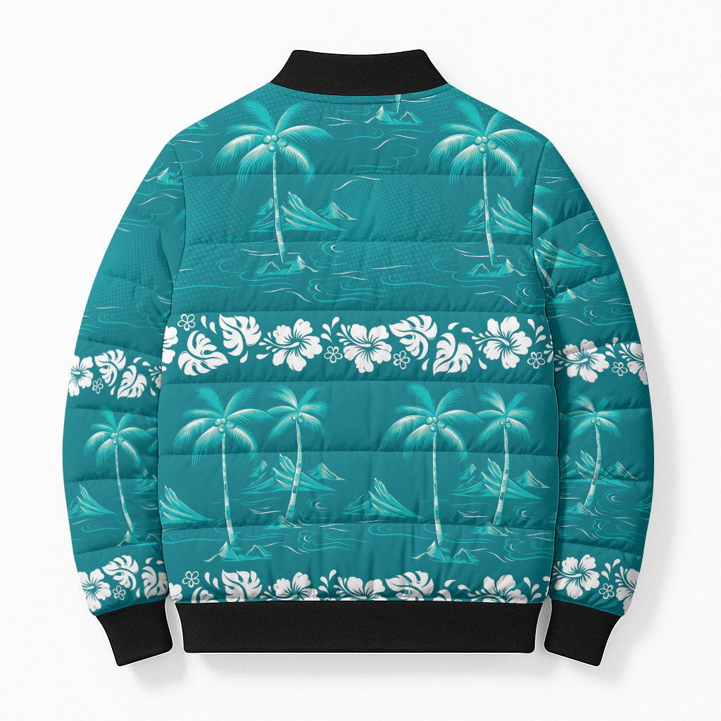 Cyan Hawaii Palm Tree Hibiscus Bomber Puffer Jacket Fantasy Summer Vibe