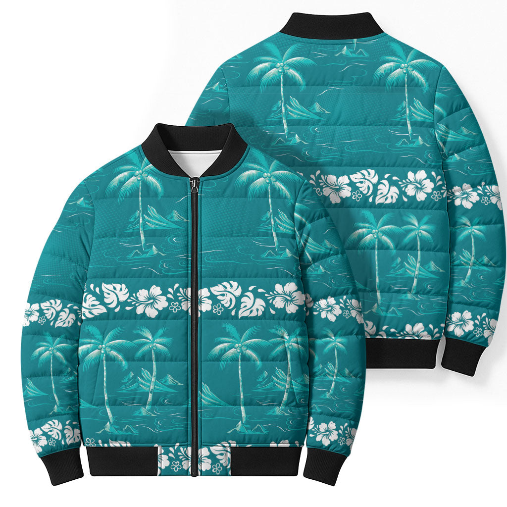 Cyan Hawaii Palm Tree Hibiscus Bomber Puffer Jacket Fantasy Summer Vibe