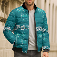 Cyan Hawaii Palm Tree Hibiscus Bomber Puffer Jacket Fantasy Summer Vibe